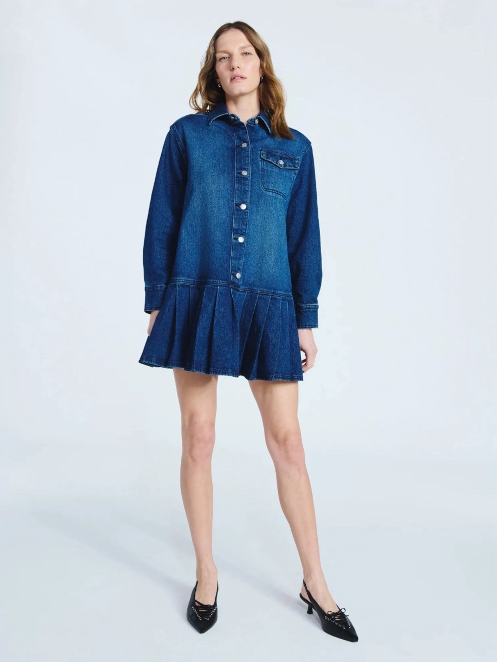 Denim Button-Front Pleated Hem Shirt Dress - Dark Blue NWT Size: M